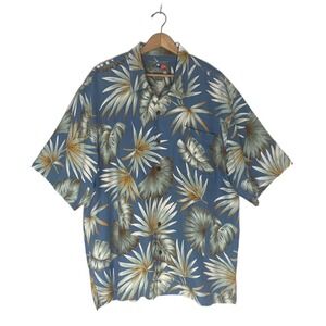 Hilo Hattie Blue‎ 100% Silk Hawaiian Button Down Shirt Tropical Leaf Fronds - M